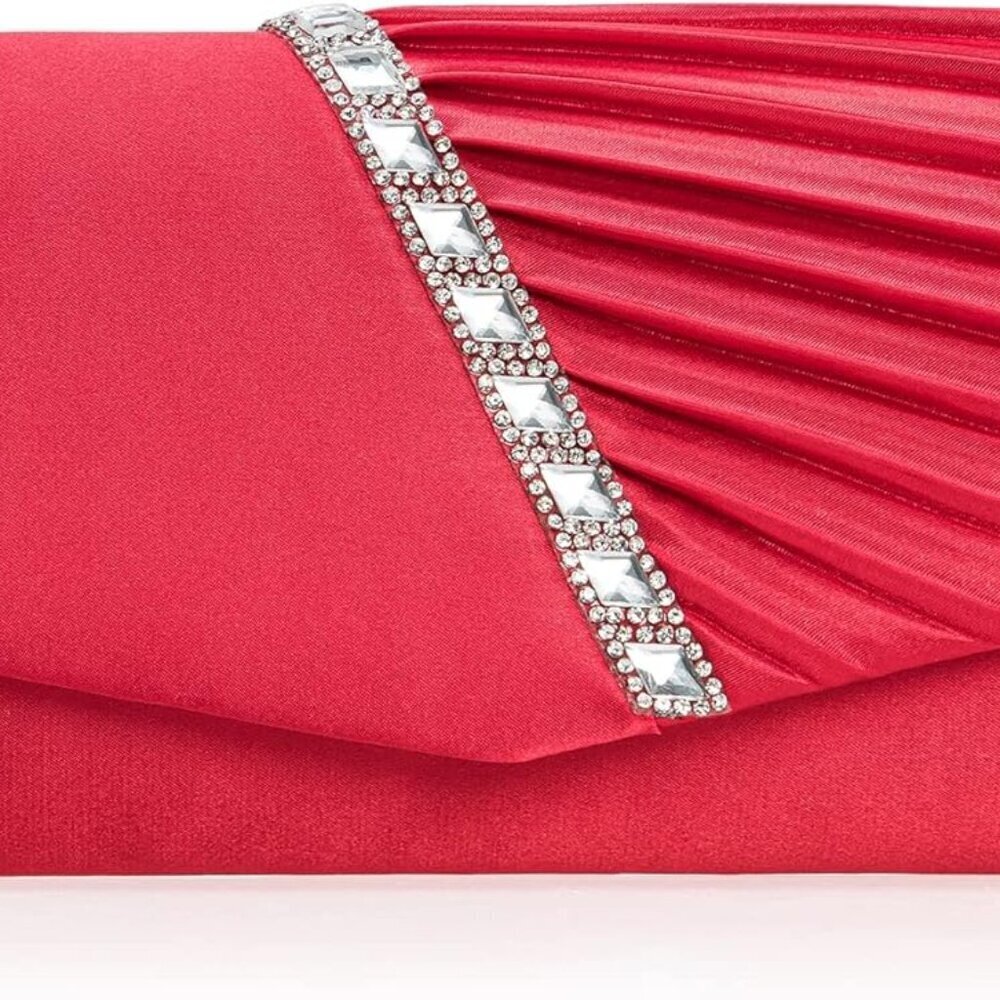 Evening Satin Handbag Clutch Crystals Pleated Detachable Chain